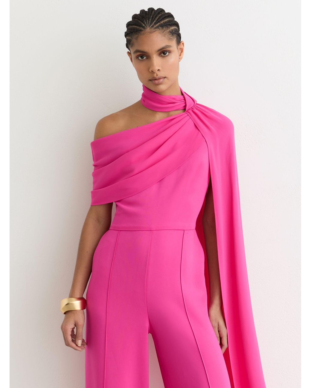 Reiss Pink One-Shoulder Drape Wide-Leg Jumpsuit