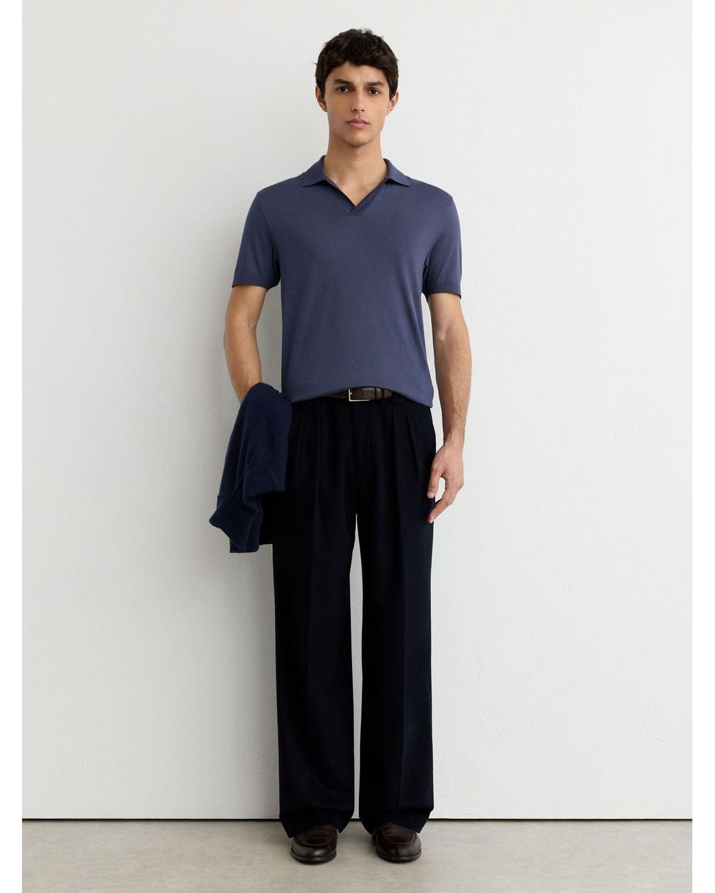 Reiss Blue Cotton- Open-Collar Short-Sleeve Polo Shirt for men