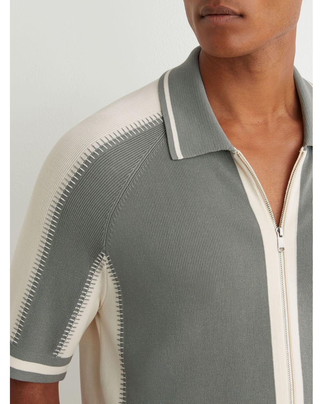 Reiss Gray Sage & Ecru Colour-Block Zip-Through Knit Shirt for men