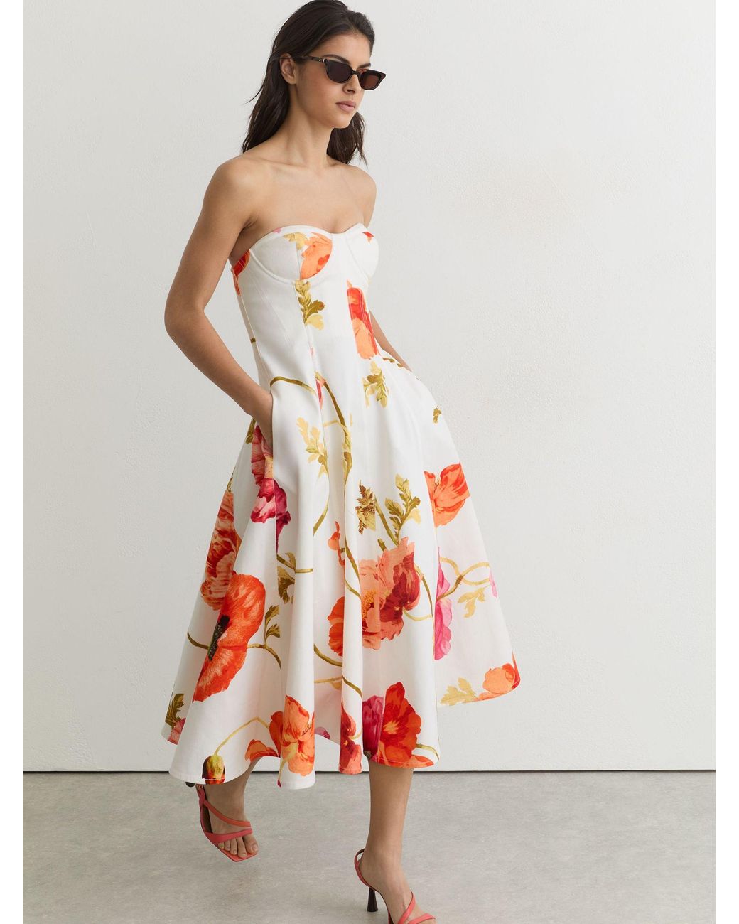 Reiss White Penelope Floral-Print Cotton Midi Dress