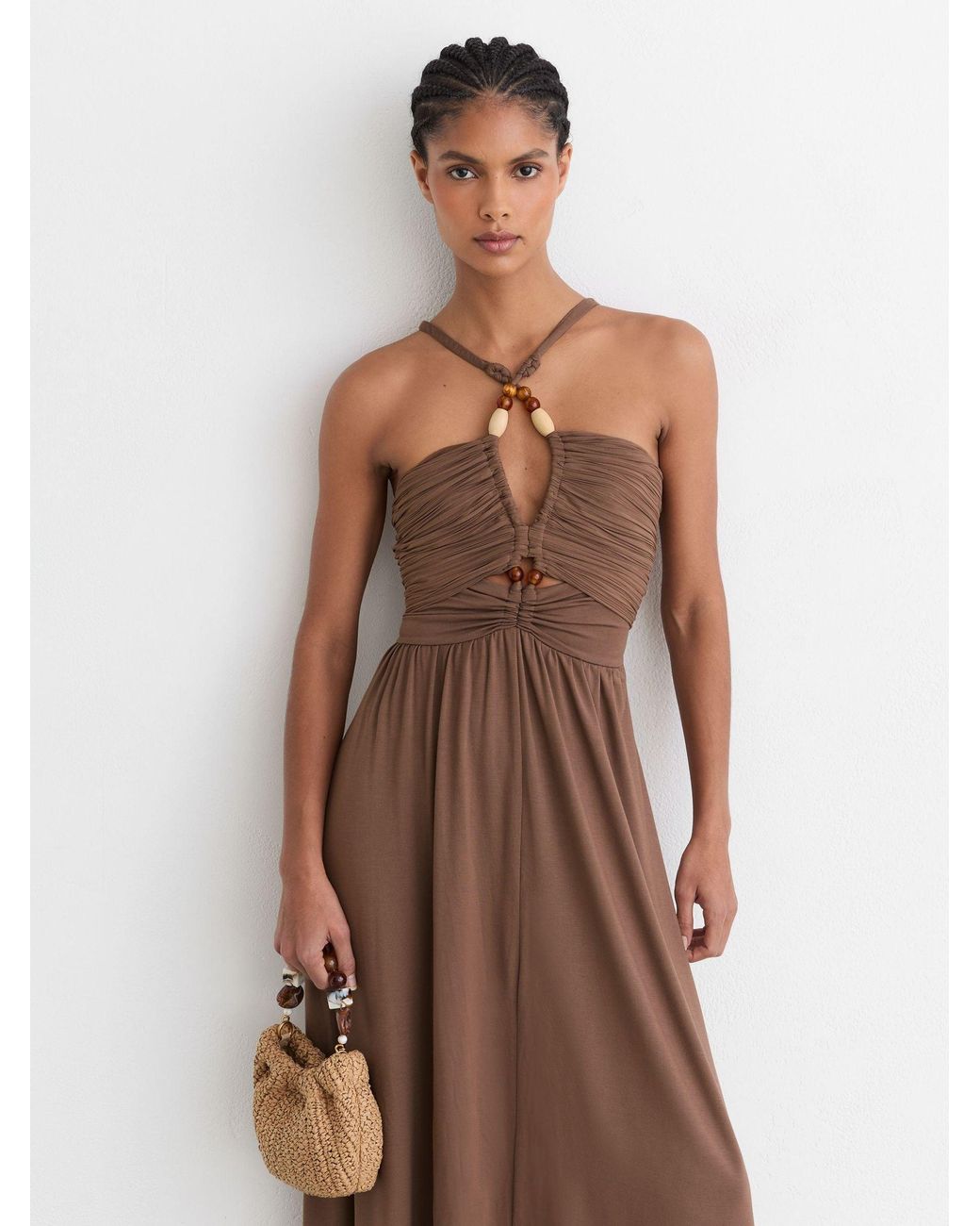 Reiss Green Eloise Jersey Bead-Detail Ruched Maxi Dress