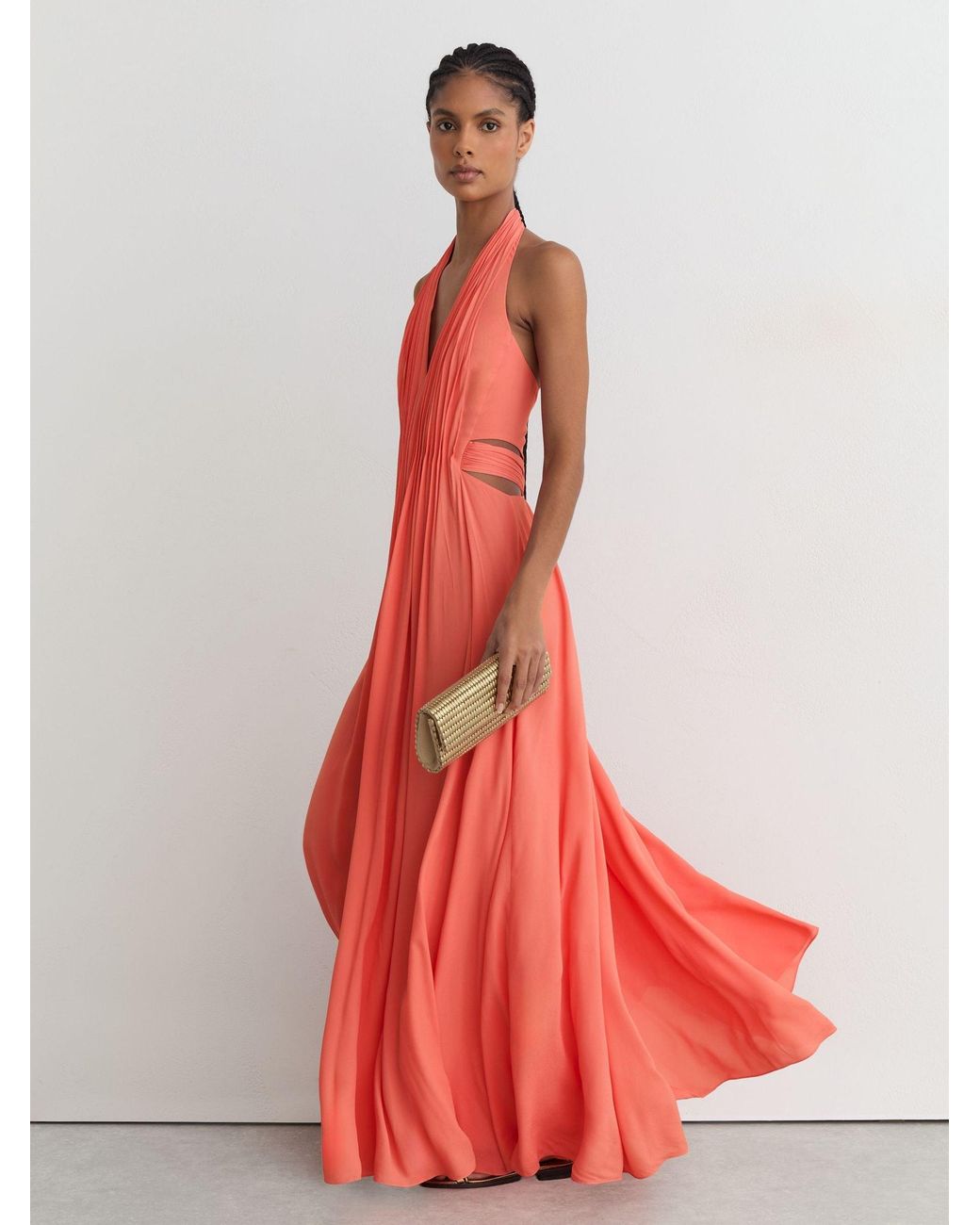 Reiss Red Halterneck Pleated Maxi Dress