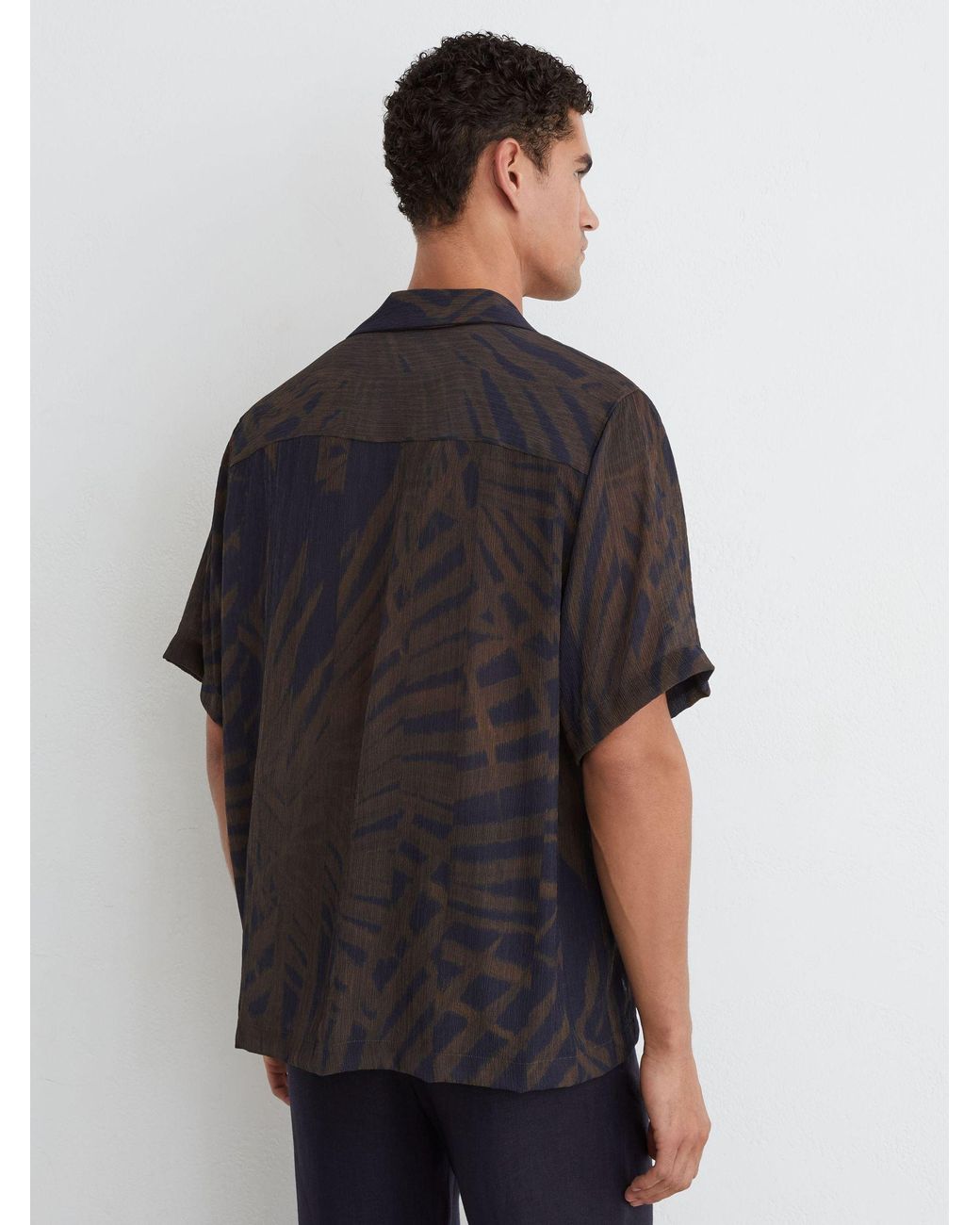 Reiss Black Plissé Printed Cuban-Collar Shirt for men