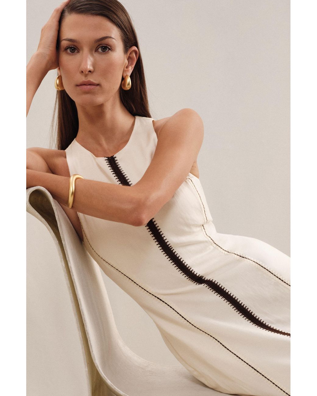 Reiss Natural Inaya - Ivory/black Craft-stitch Sleeveless Midi Dress, Us 4