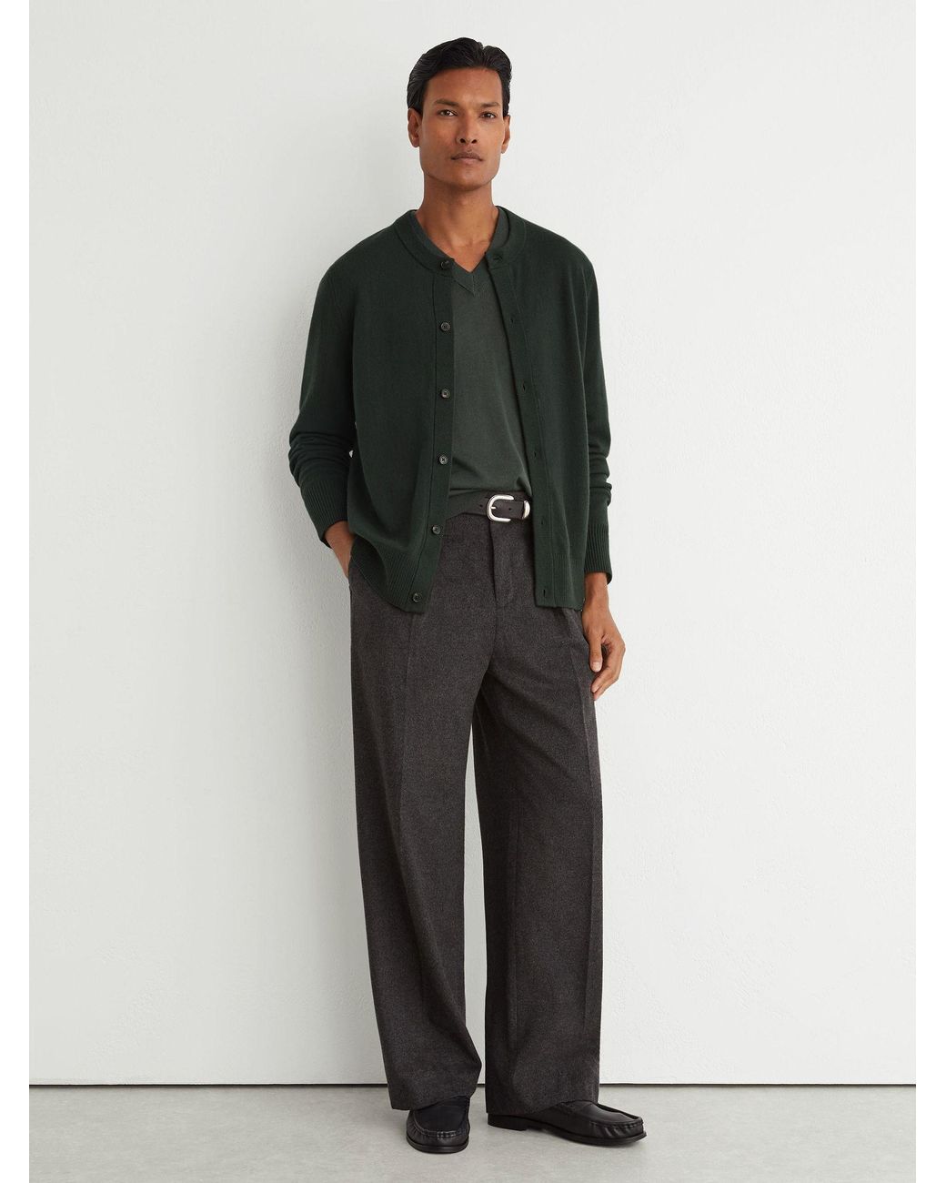 Reiss Green Wool-Cashmere Jersey-Knit Cardigan for men