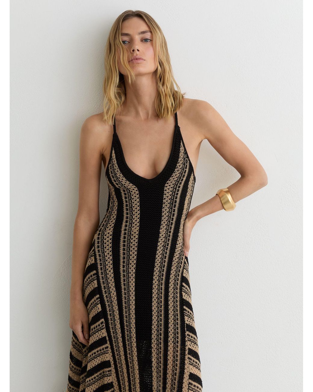 Reiss Natural Neutral Stripe Crochet-Knit Tie-Back Maxi Dress