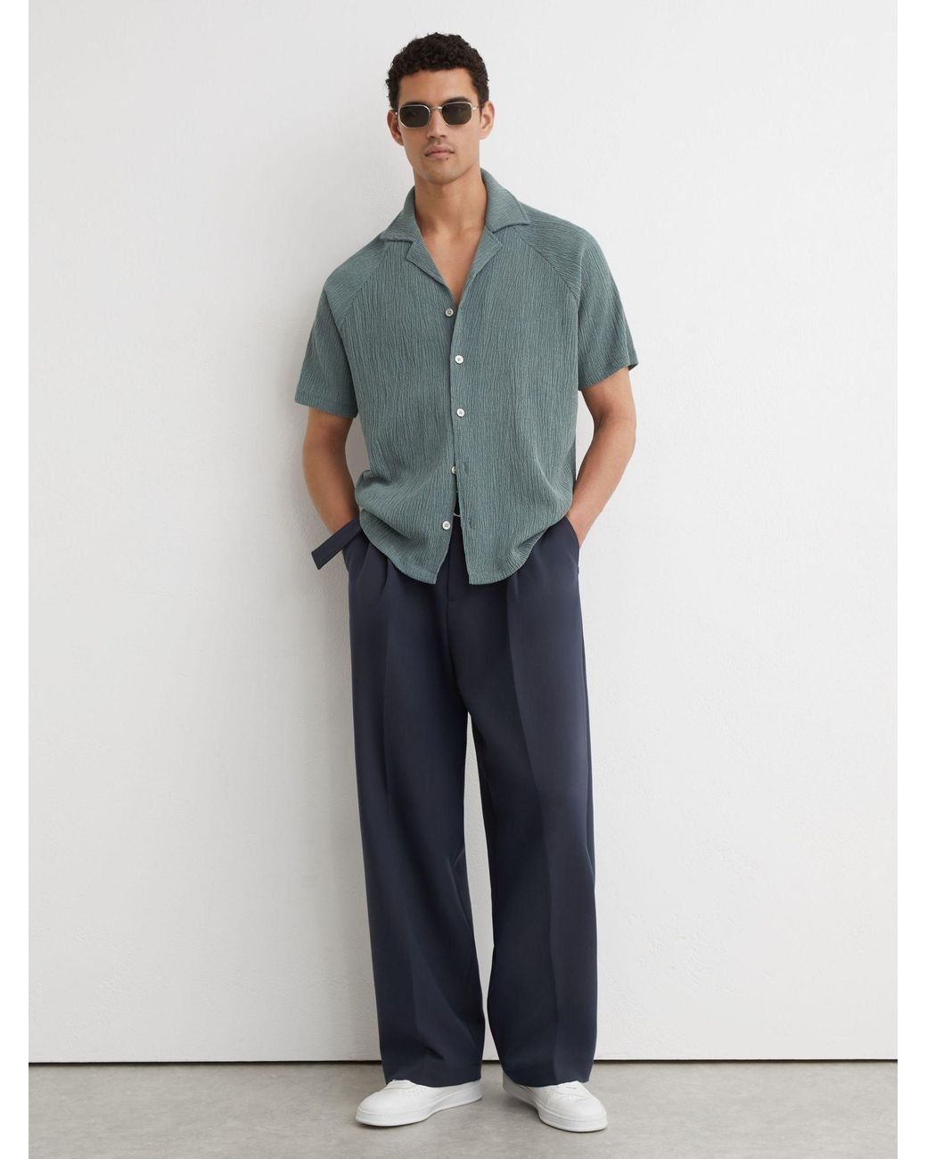 Reiss Blue Knox Textured Raglan Cuban-Collar Shirt for men