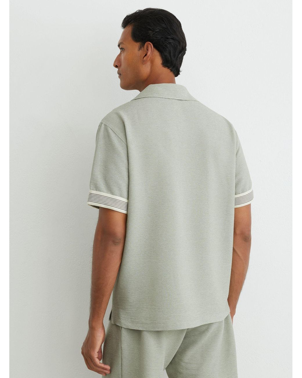 Reiss Gray Textured Stripe-Tape Cuban-Collar Shirt for men