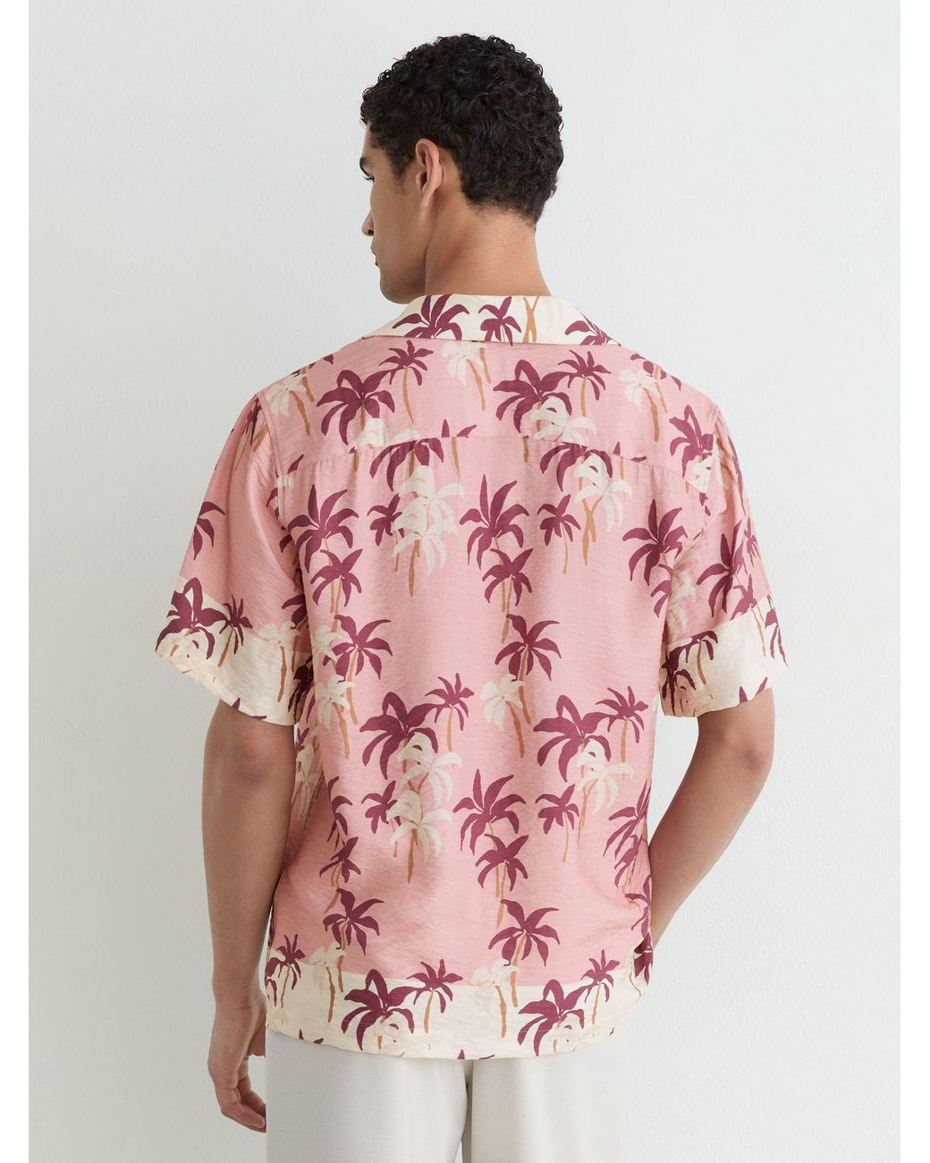 Reiss Pink Madrona Palm-Print Cuban-Collar Shirt for men