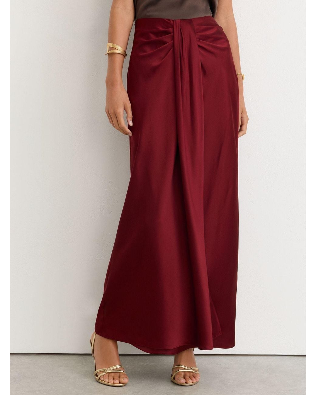Reiss Red Silk Drape-Detail Maxi Skirt