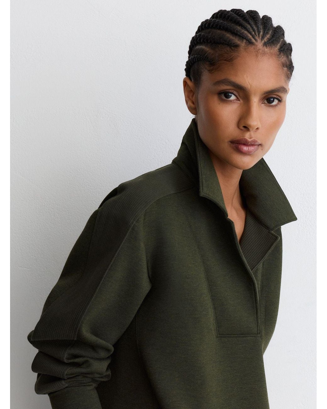 Reiss Green Premium Interlock Collared Rib-Detail Sweatshirt