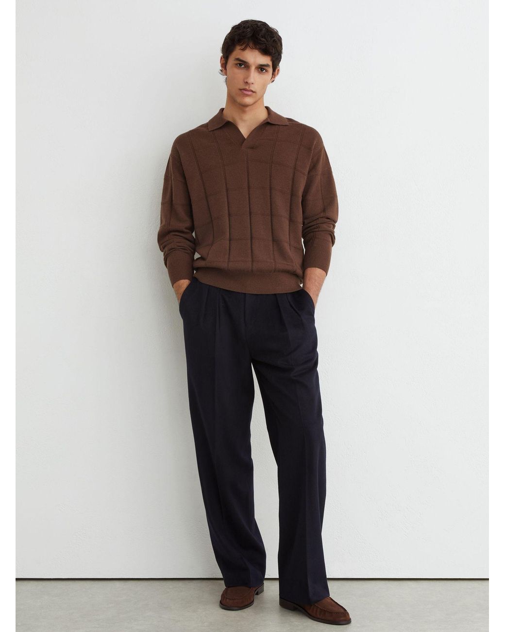 Reiss Brown Wool Square-Textured Open-Collar Polo Jumper for men