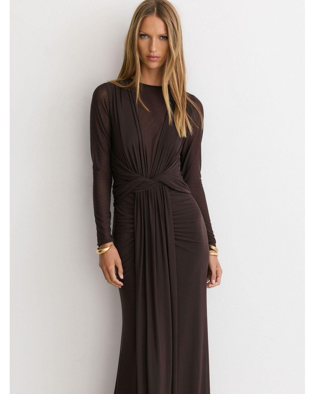 Reiss White Tess - Chocolate Brown Crystal-detail Mesh Draped Maxi Dress, 12