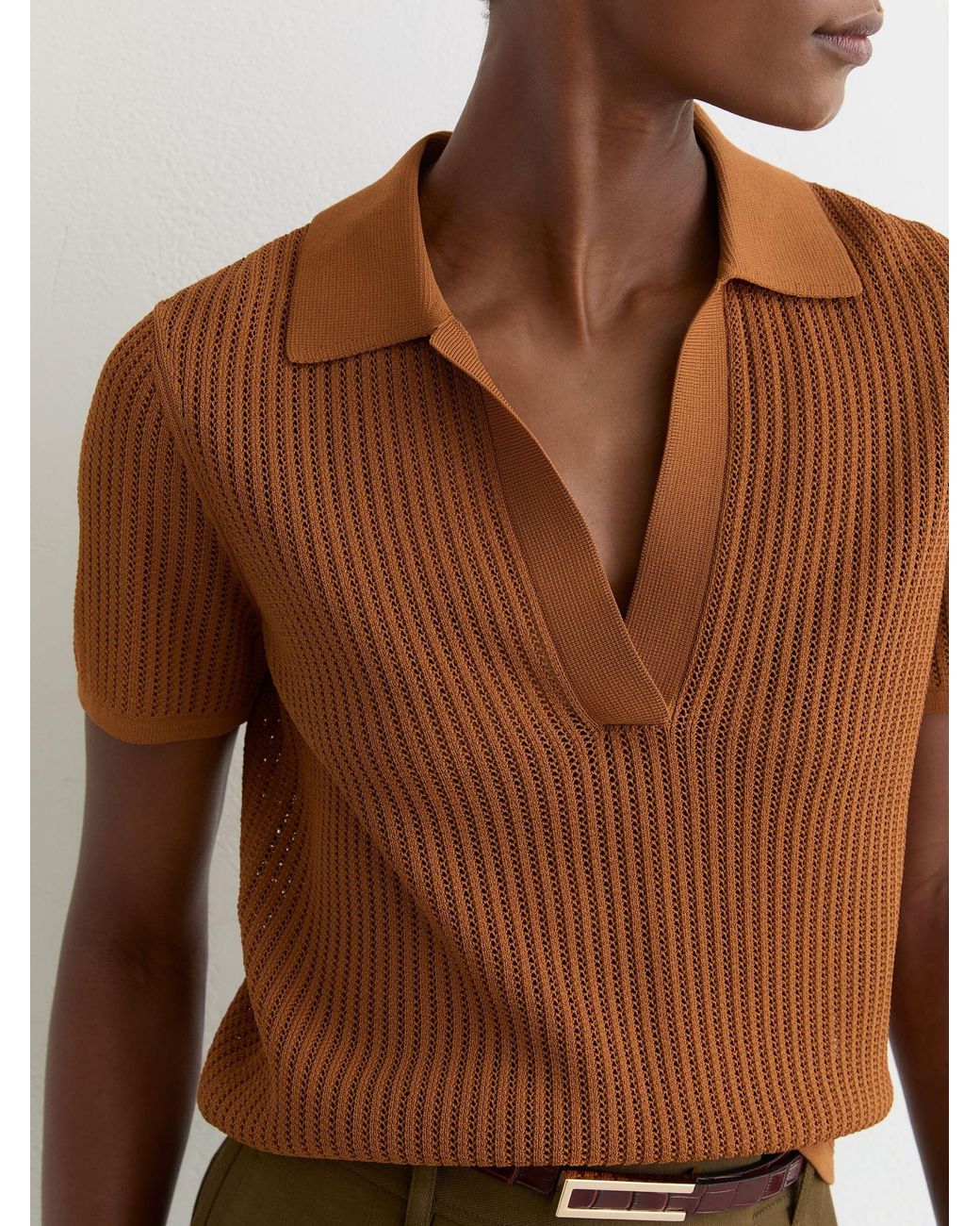 Reiss Brown Open-Stitch Knitted Polo Top