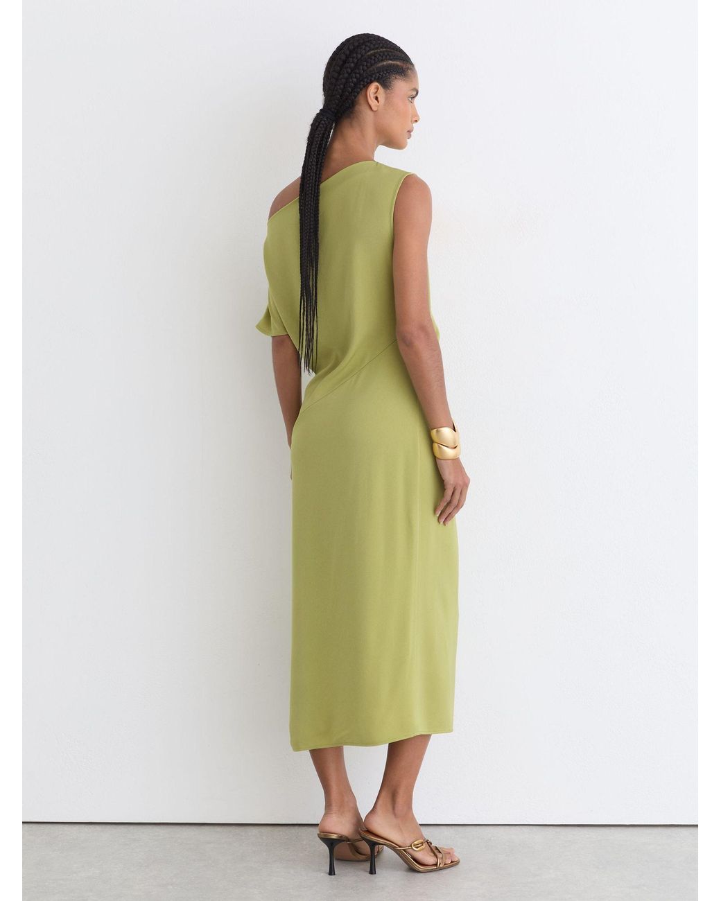 Reiss Green Off-Shoulder Tuck-Detail Midi Dress