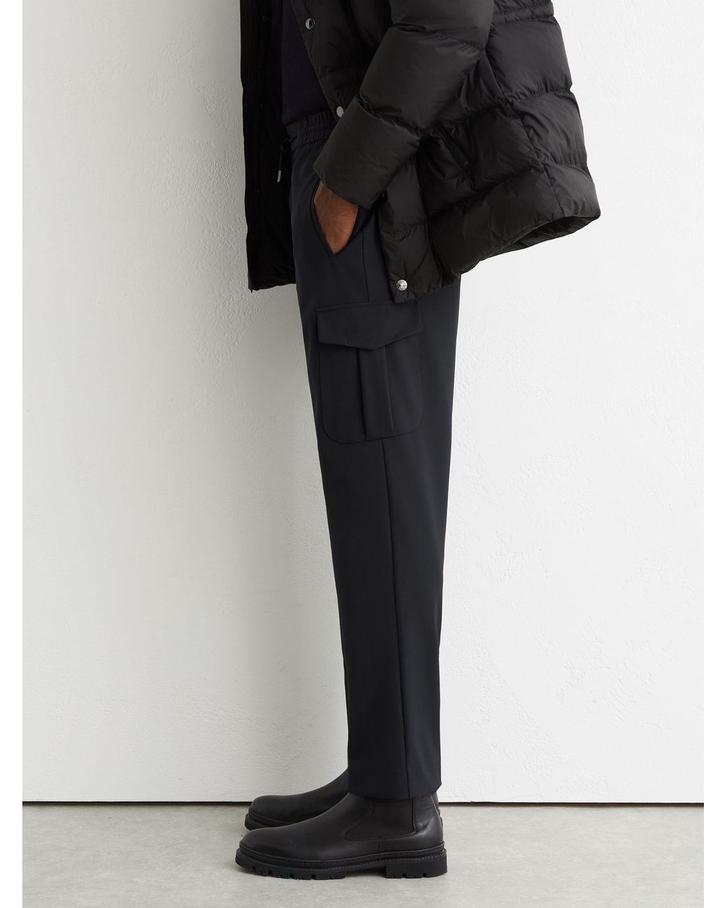 Reiss Black Technical Drawstring Tapered Trousers for men