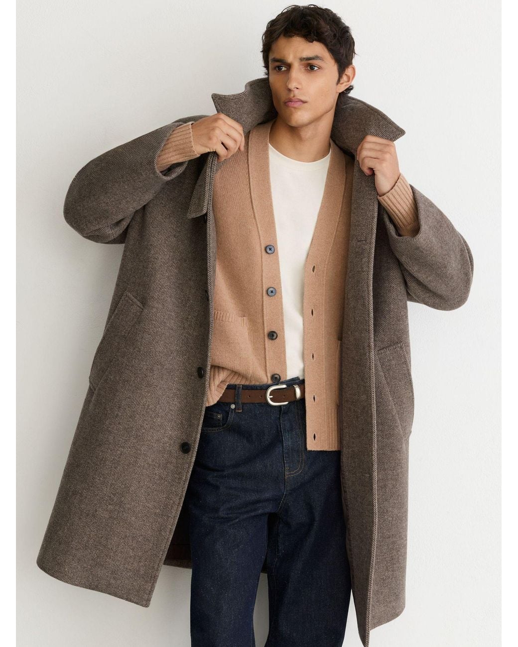 Reiss Black Monogram Wool-Blend Twill Relaxed Raglan Overcoat for men