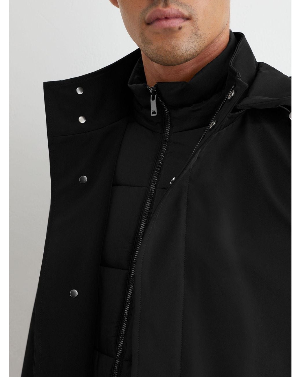 Reiss Black Hybrid Gilet-Insert Overcoat With Detachable Hood for men
