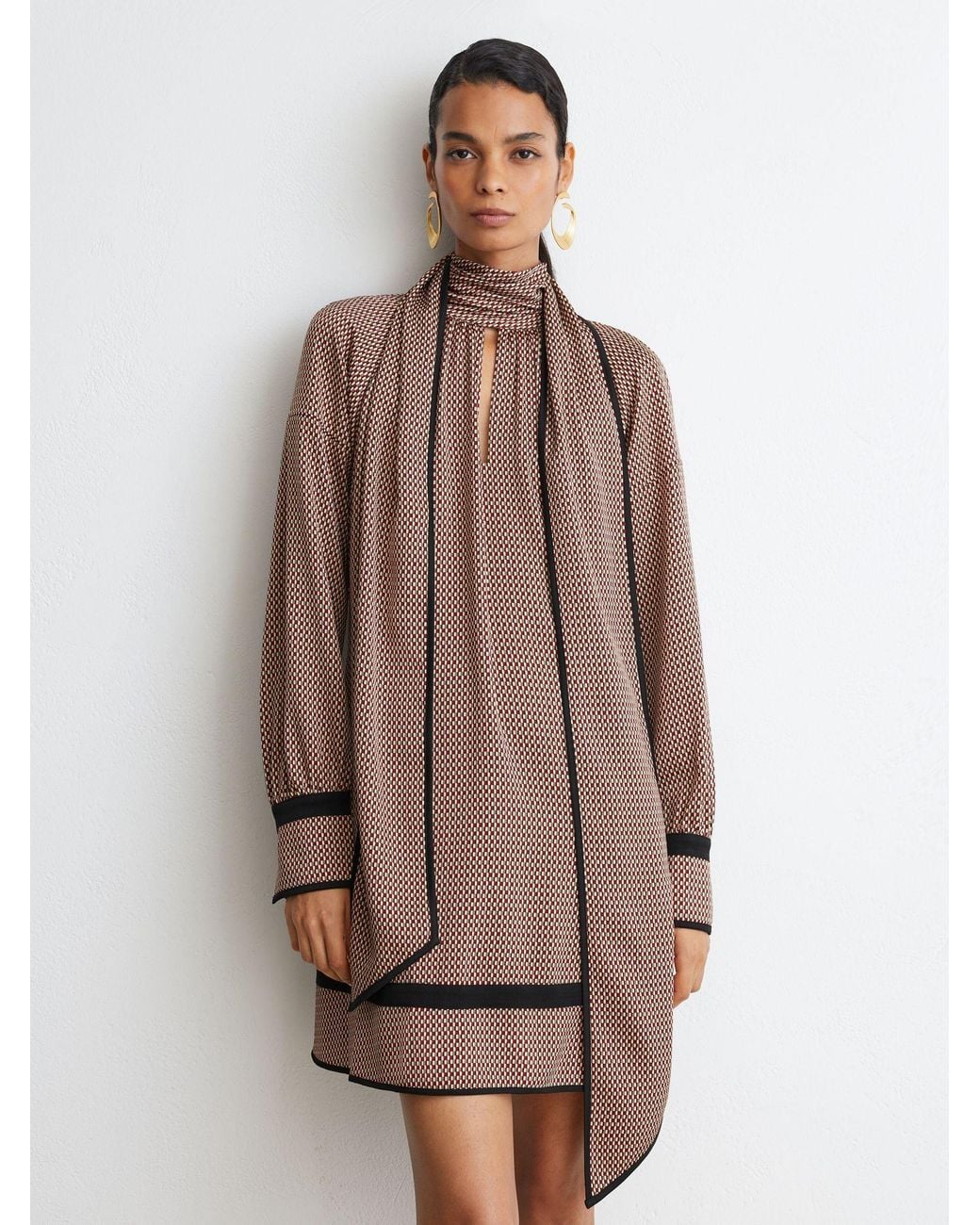 Reiss Natural Printed Scarf-Neck Swing Mini Dress