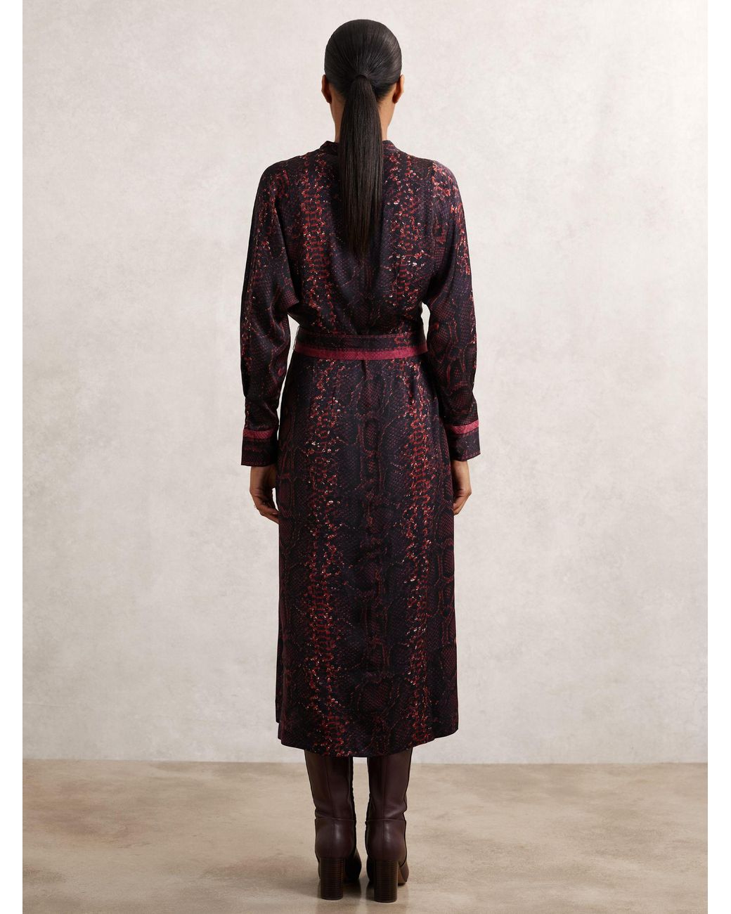 Reiss Natural Burgundy & Snake Print Belted Shirt Dress