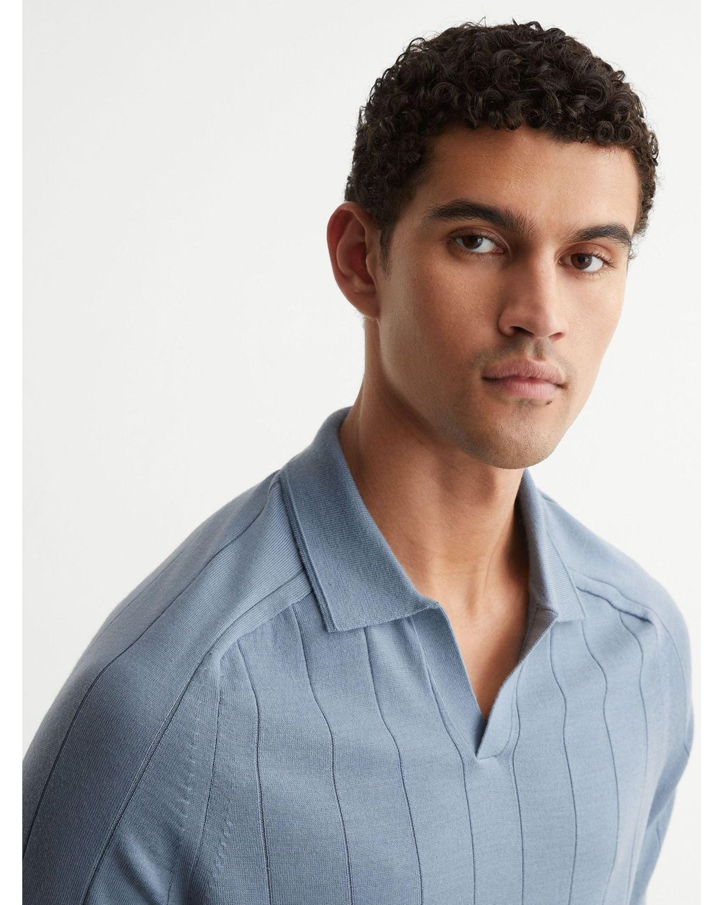 Reiss Blue Merino Wool Wide-Rib Polo Jumper for men