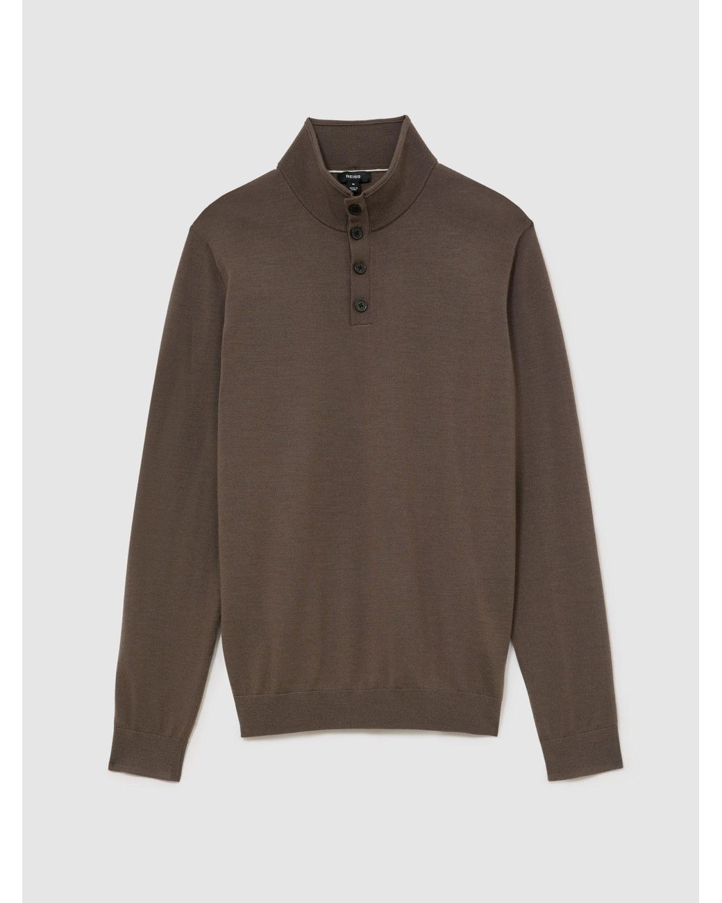 Reiss Brown Merino Wool Funnel-Neck Half-Button Jumper for men