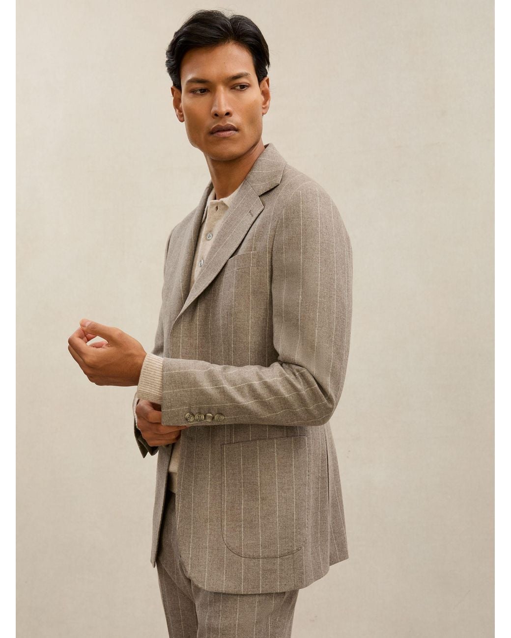 ATELIER Natural Mocha Montepuliciano Wool Single-Breasted Blazer Pinstripe Classic-Fit, Light & Cream for men