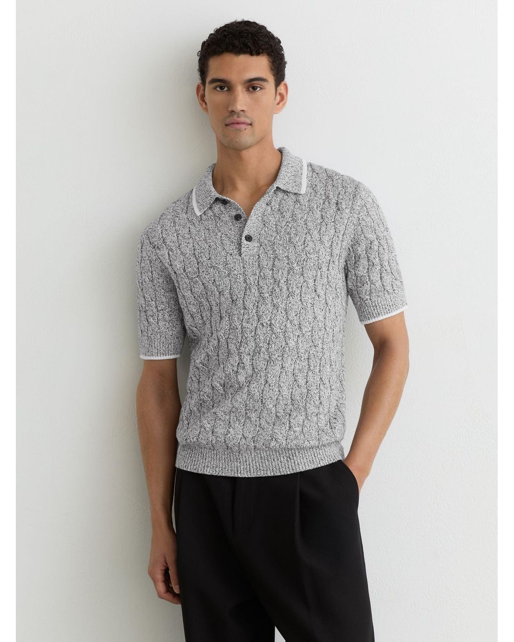 Reiss Gray Cotton Cable-Knit Polo Shirt for men