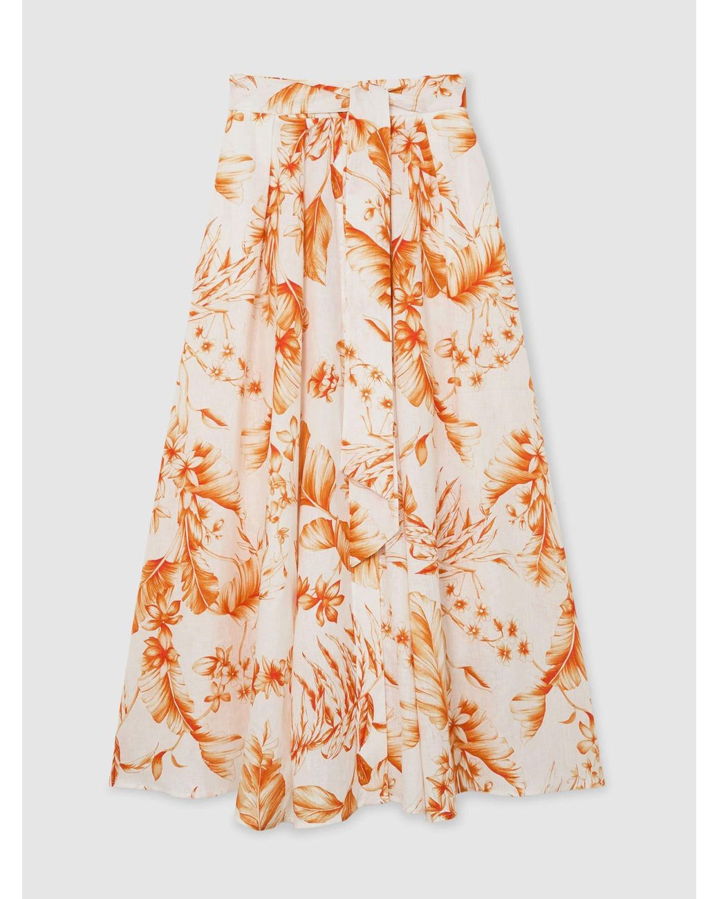 Reiss Pink Linen Floral-Print Maxi Skirt