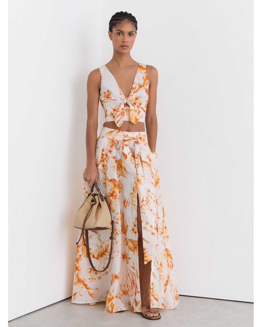 Reiss Pink Linen Floral-Print Maxi Skirt