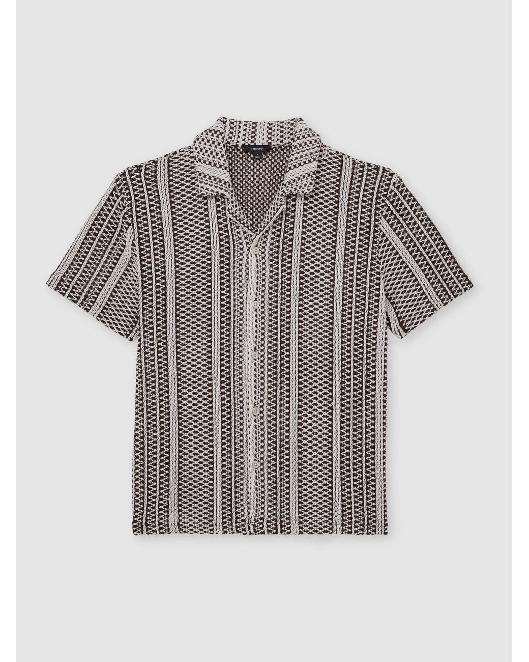 Reiss Gray Aetos - Dark Brown Crochet Stripe Cuban-collar Shirt, S for men