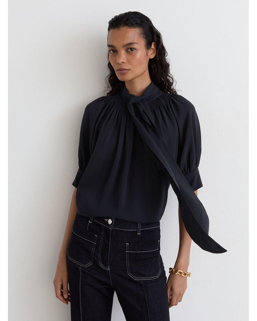 Reiss Blue Tie-Neck Short-Sleeve Blouse