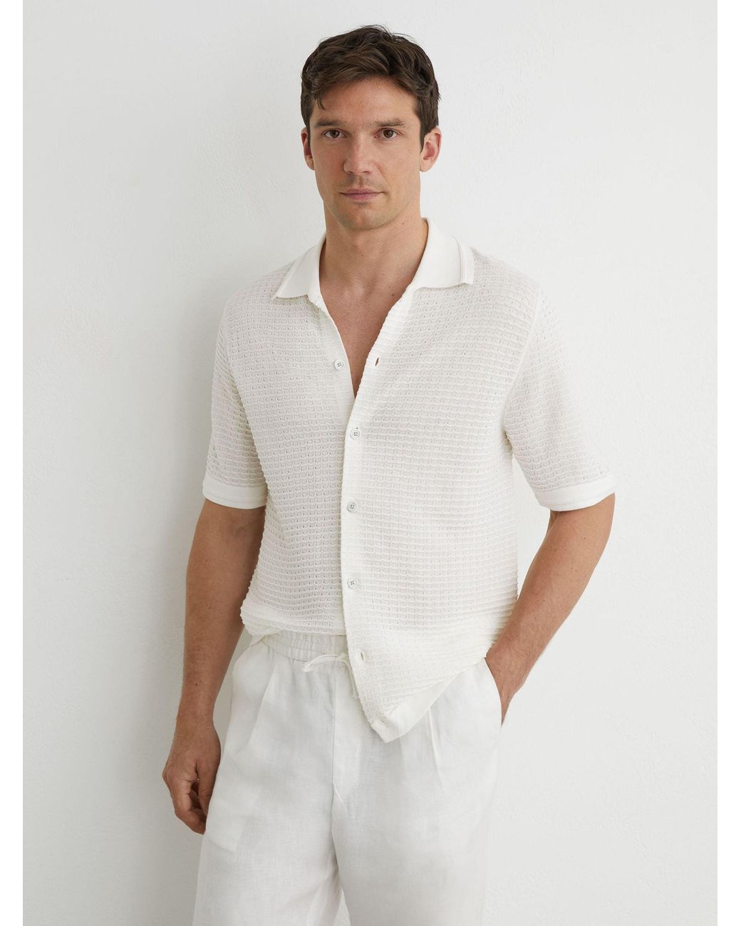 Reiss White Textured-Knit Button-Through Shirt for men