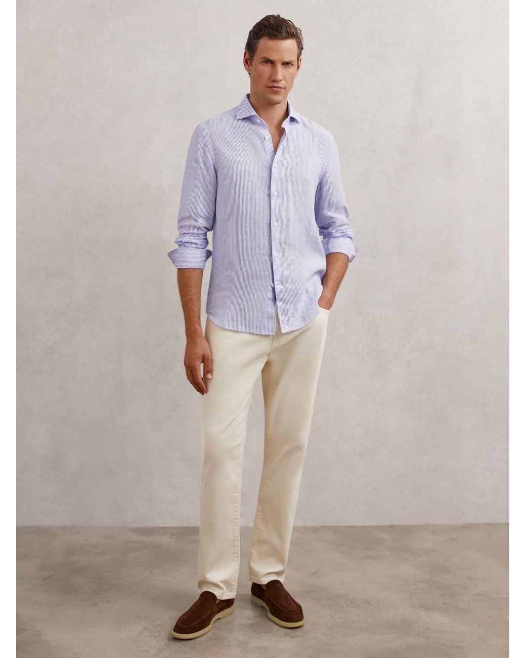 Reiss Purple Ruban - Bengal Blue White Linen Stripe Long-sleeve Shirt, Xxl for men
