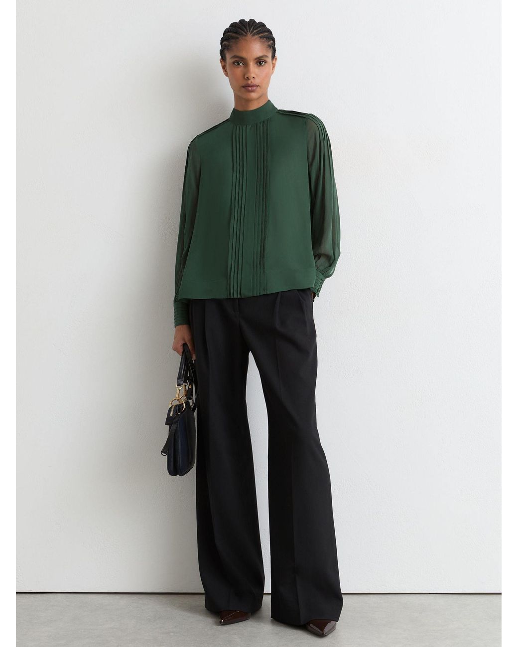 Reiss Green Pintuck-Detail Tie-Back Blouse