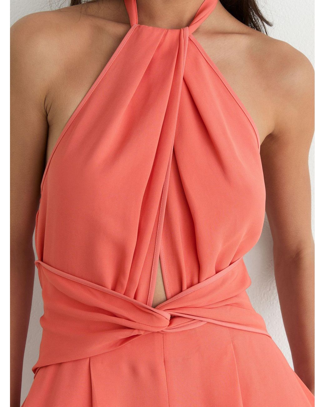 Reiss Red Twist-Front Halterneck Wide-Leg Jumpsuit