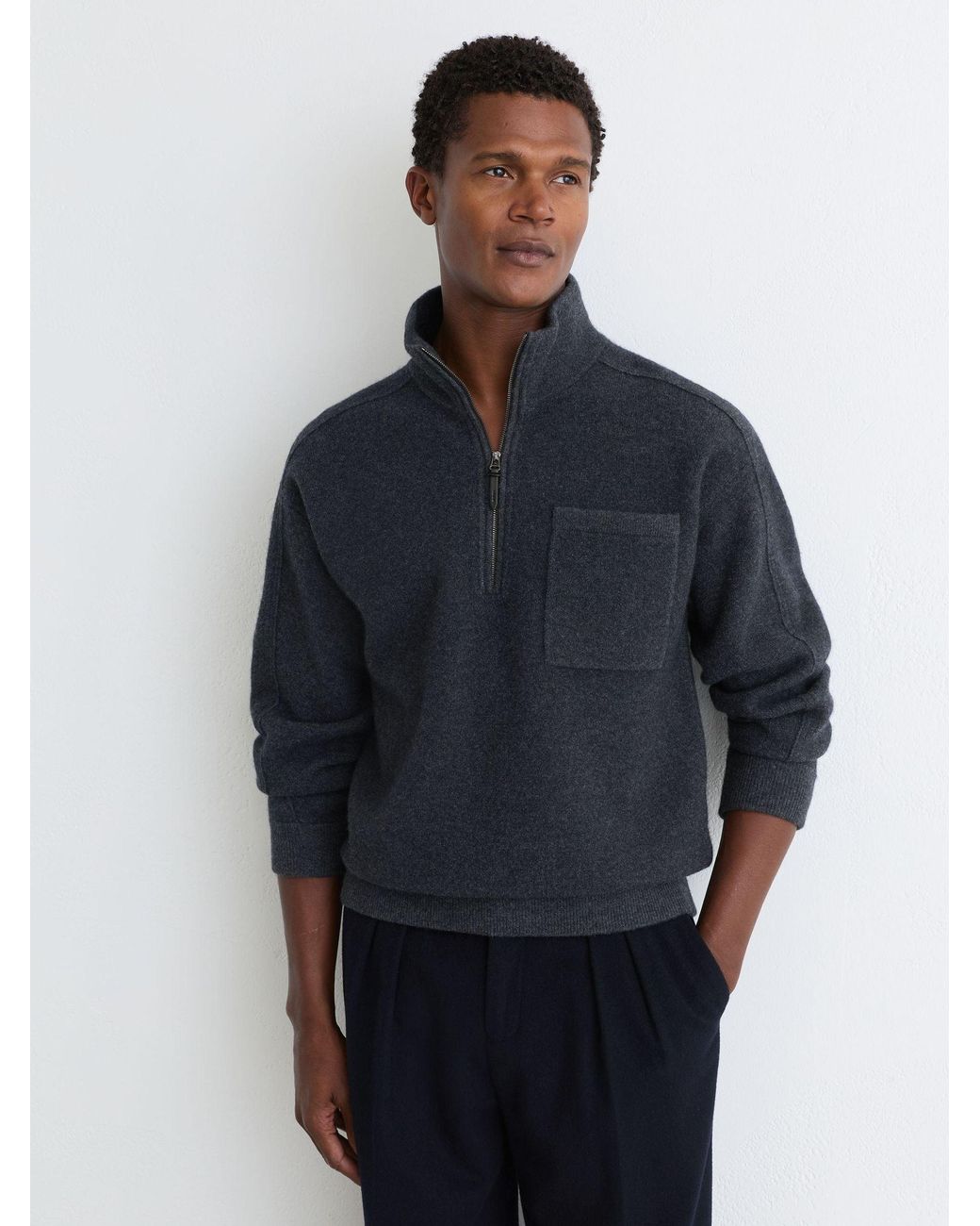 Reiss Black Golant - Charcoal Grey Boiled-wool Funnel-neck Quarter-zip Jumper, Xl for men