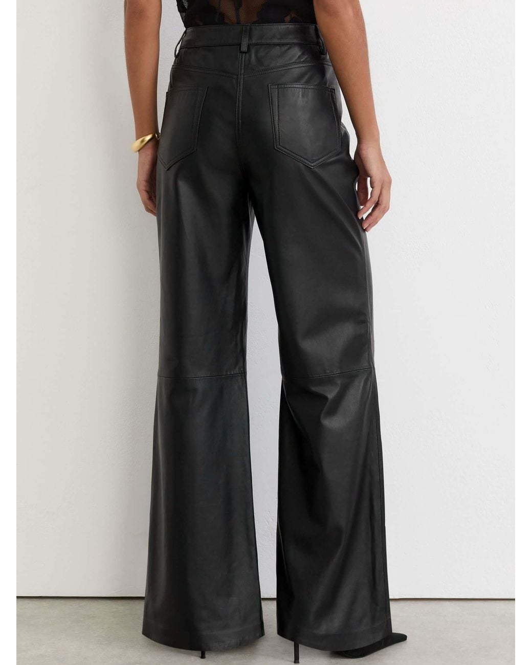 Reiss Black Leather High-Rise Wide-Leg Trousers