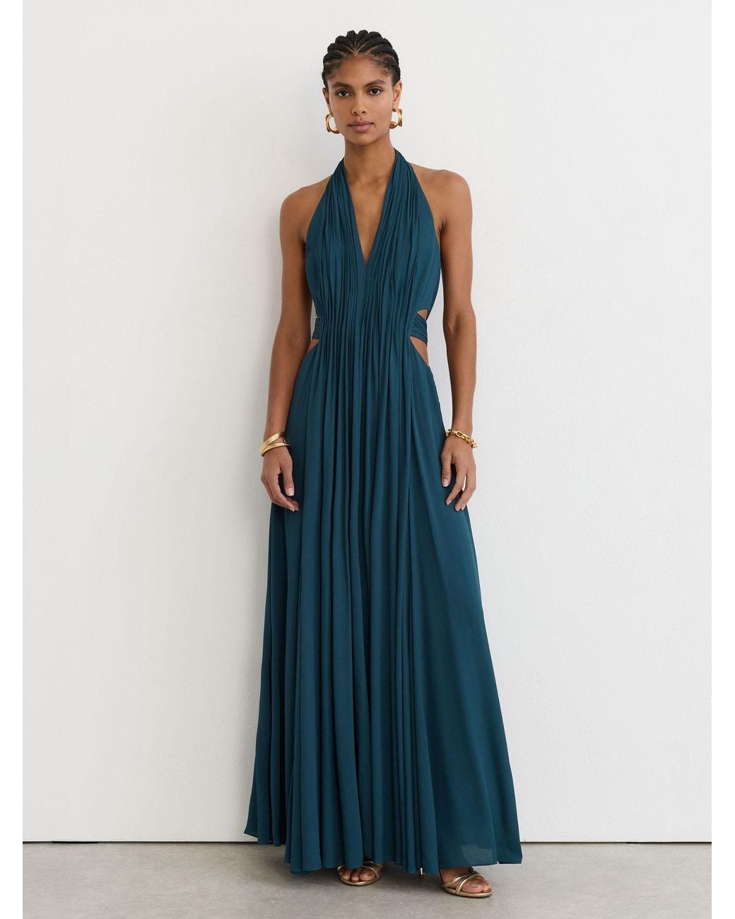 Reiss Blue Cara Petite Halterneck Pleated Maxi Dress
