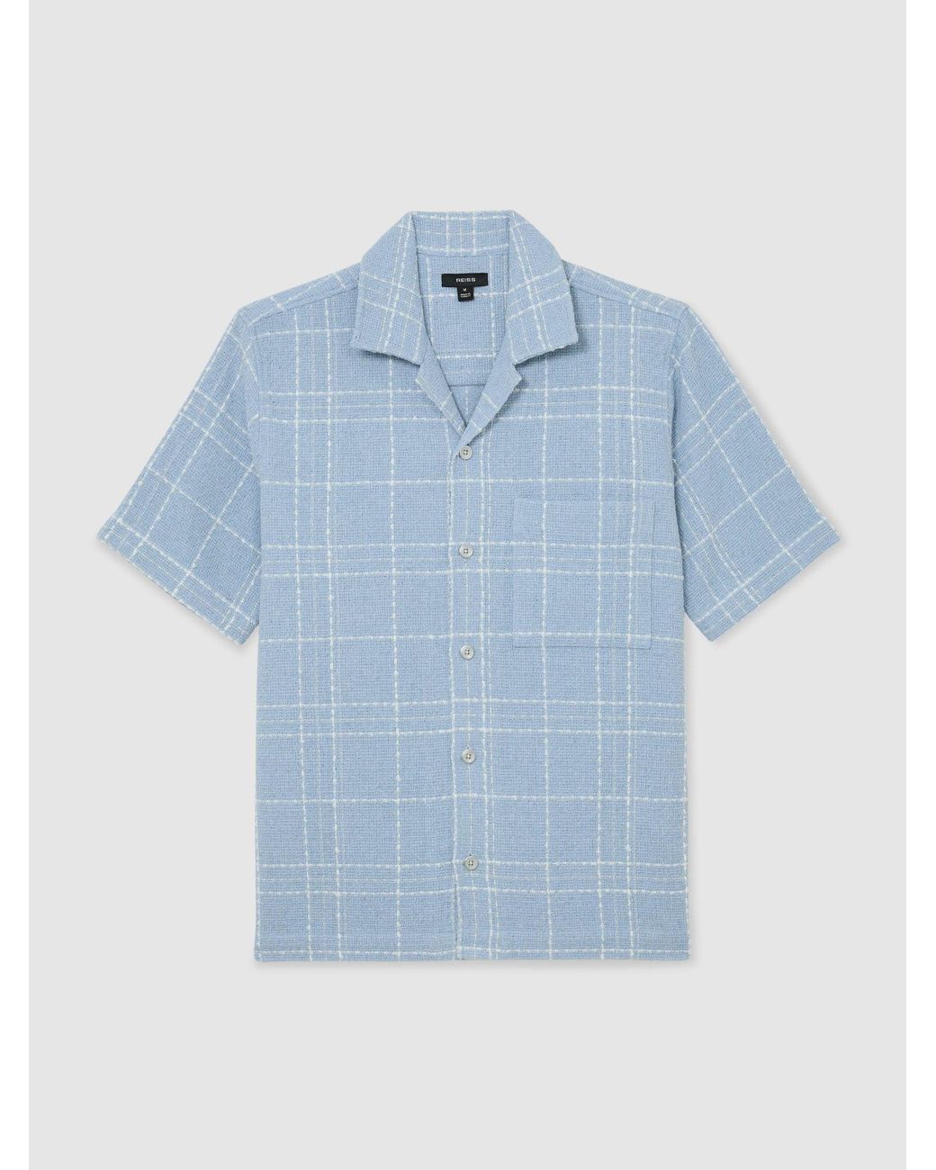 Reiss Blue Soft & Textured Check Cuban-Collar Shirt With Cotton for men