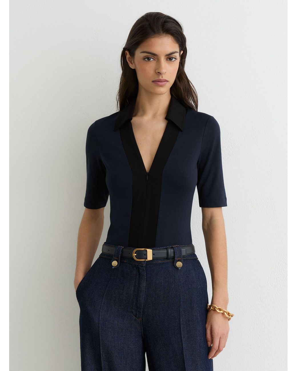 Reiss Blue Denny Jersey Colour-Block Half-Zip Polo Top