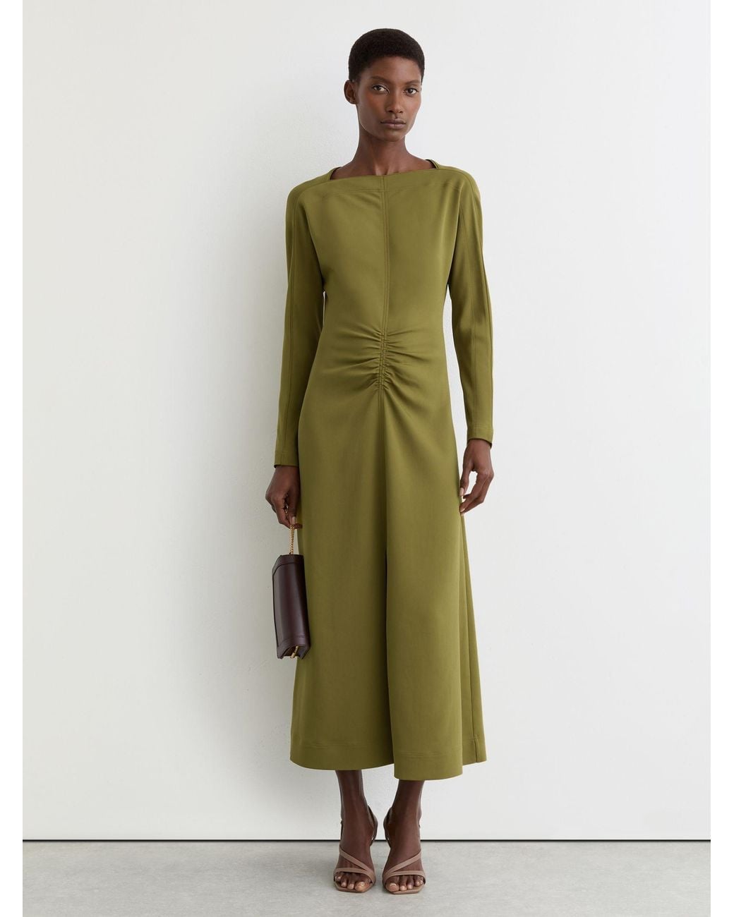 Reiss Green Ruched Long-Sleeve Midi Dress