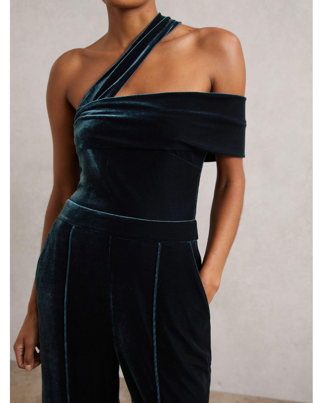 Reiss White Daria - Teal Green Velvet One-shoulder Wide-leg Jumpsuit, Us 14