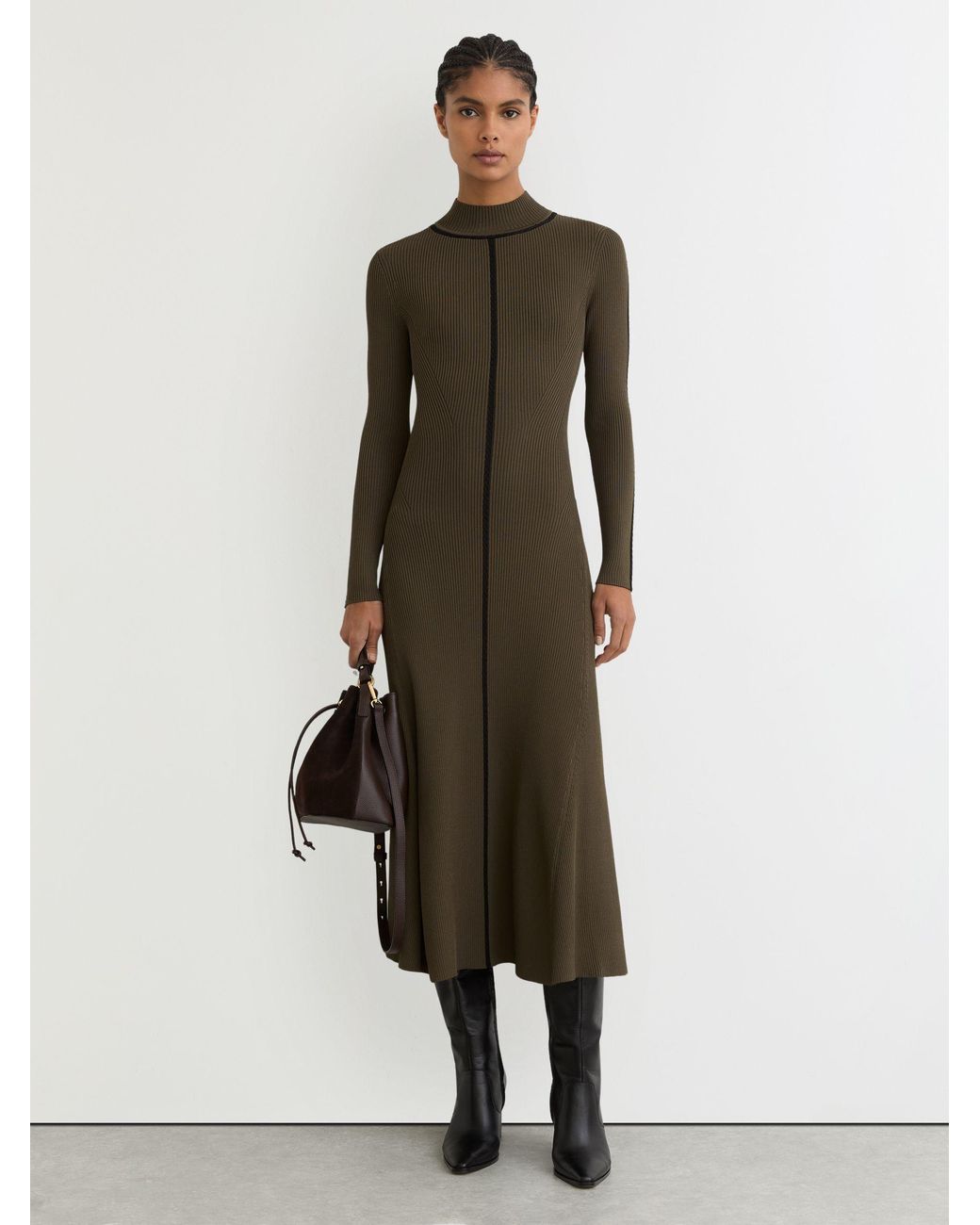 Reiss Natural Polly - Khaki Green Petite Contrast-stitch Knitted Midi Dress, S (us 4-6)