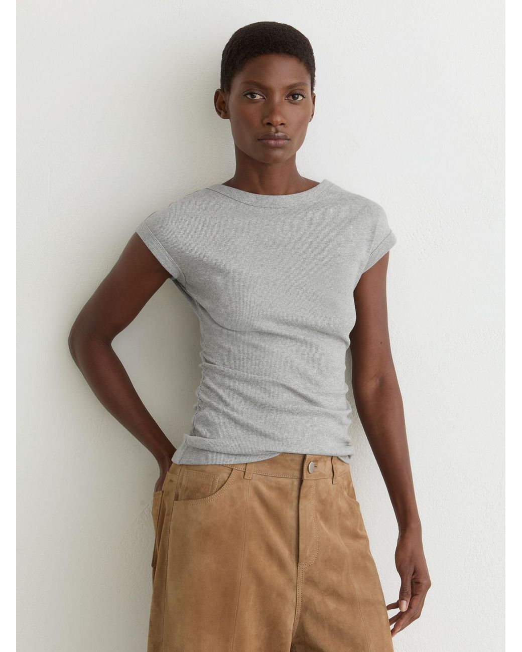 Reiss Natural Serena - Grey Marl Stretch-cotton Scoop-back Top, Us 6