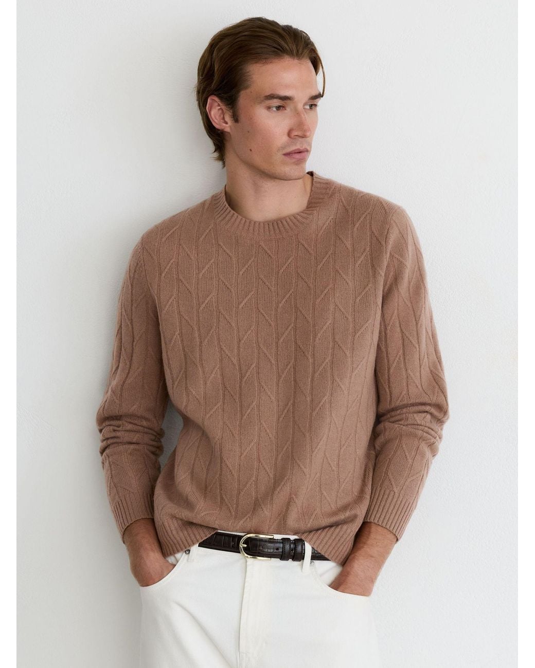 Reiss Brown Wool Twisted-Cable Crew-Neck Jumper for men