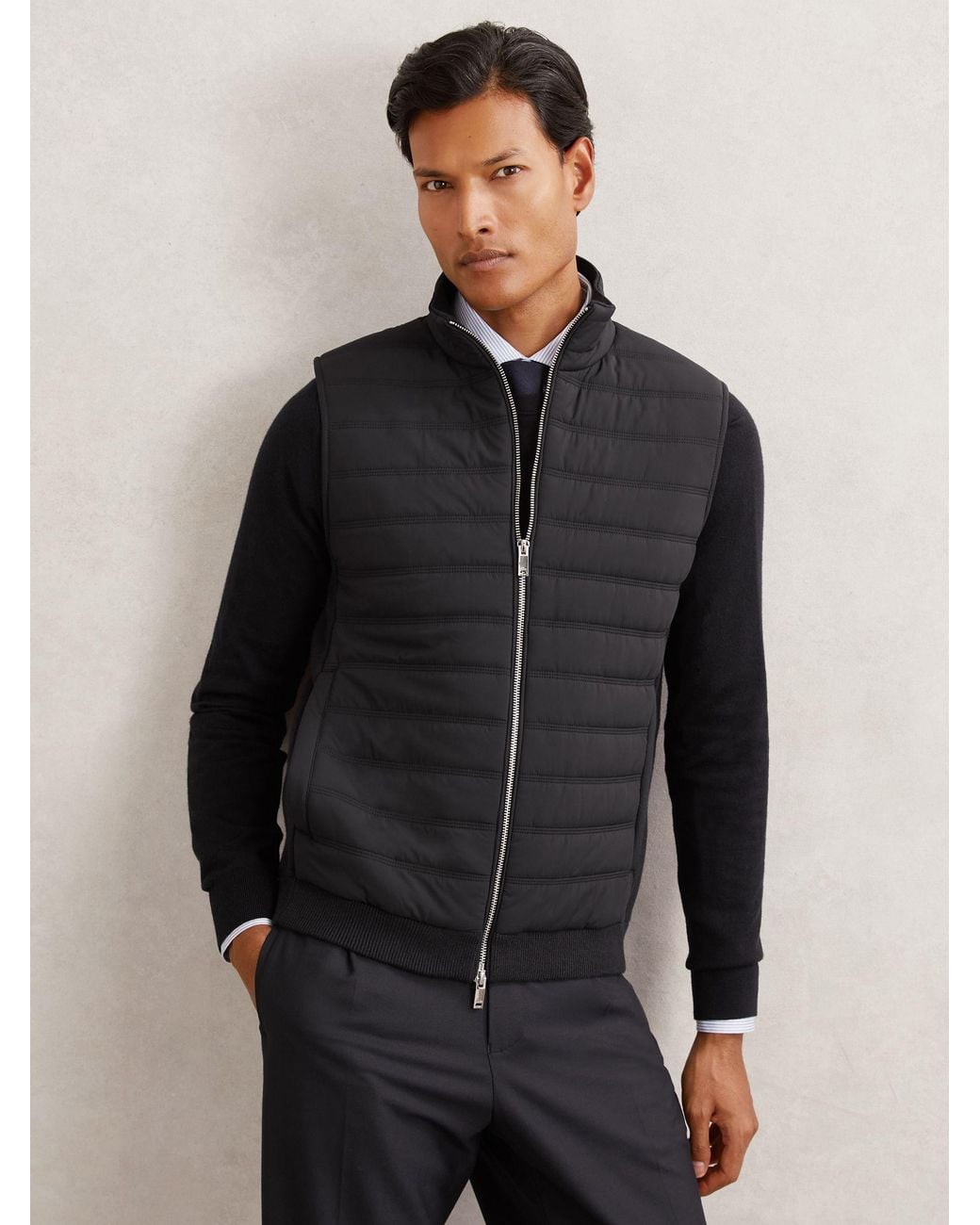 Reiss Gray Newford Funnel-Neck Quilted Knit Gilet for men