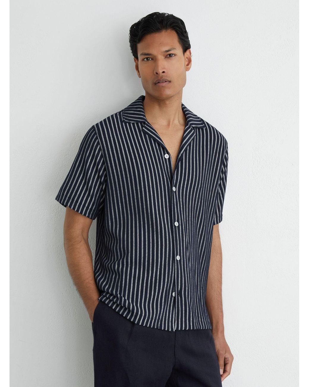 Reiss Blue Textured Stripe Cuban-Collar Shirt for men