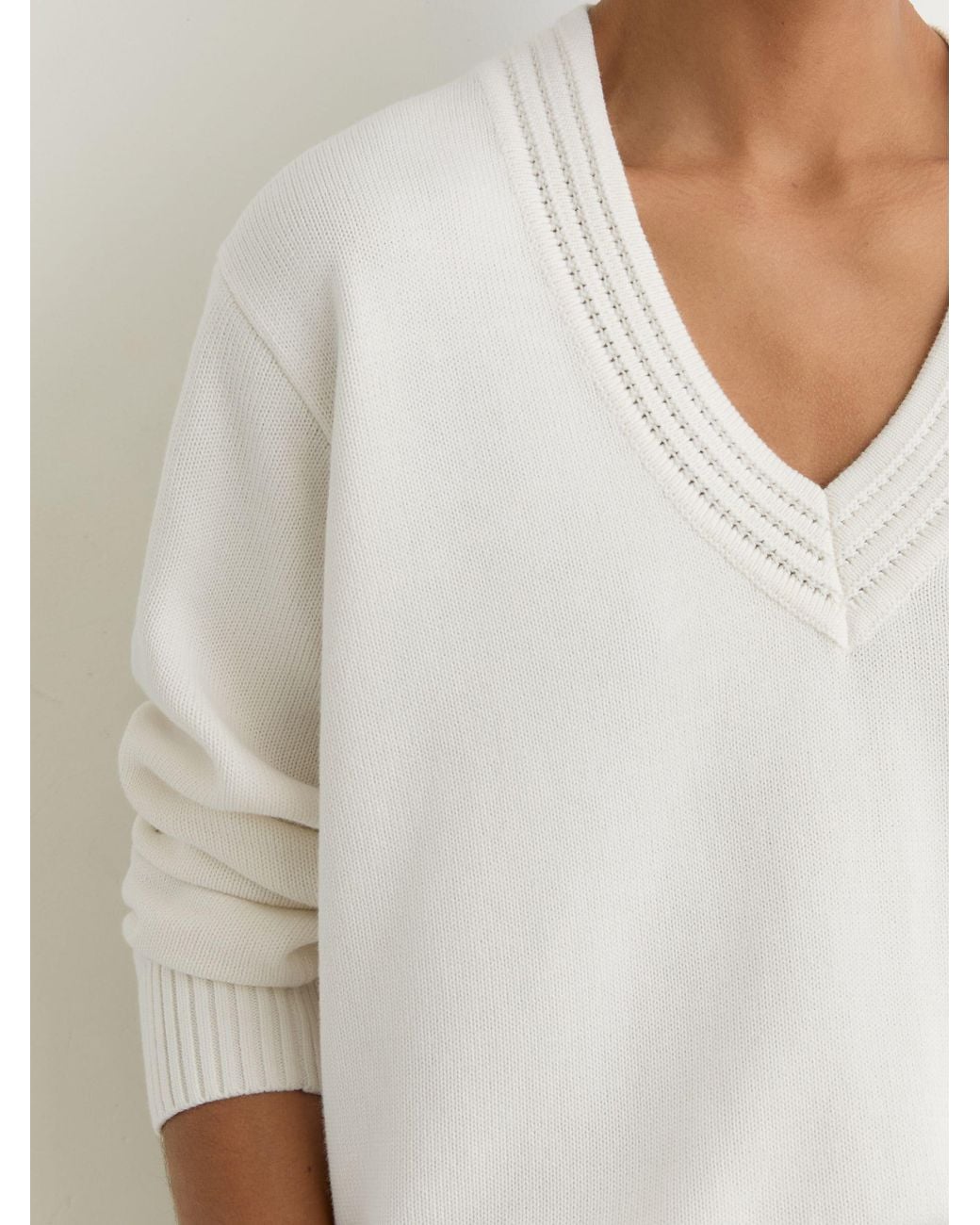 Reiss White Cherish - Ivory Cotton And Wool V-neck Jumper, Xs (us 2)
