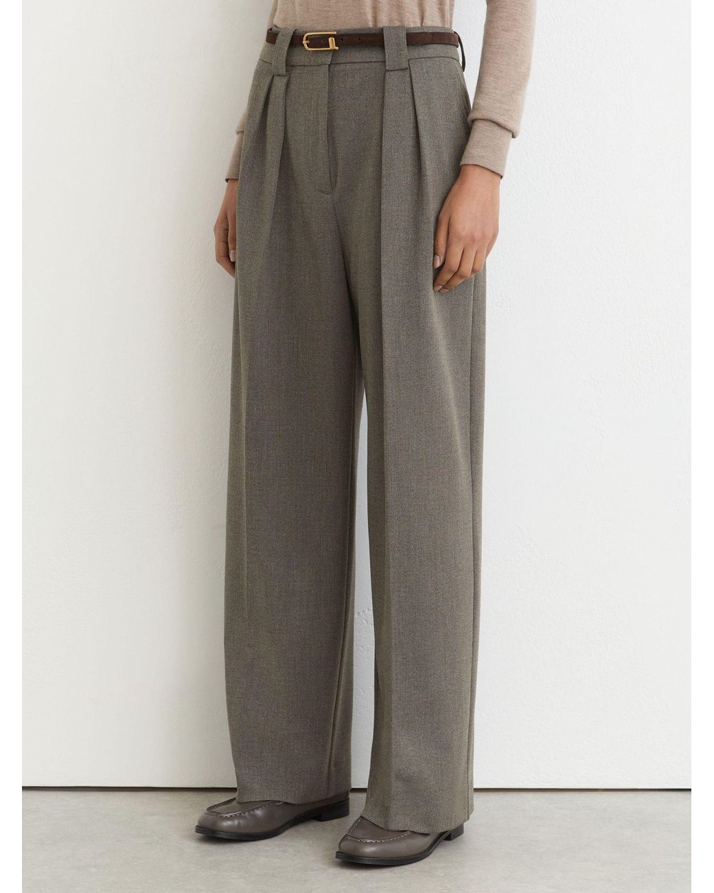 Reiss Brown Pleated Wide-Leg Trousers